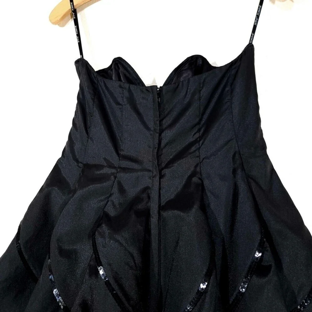 NEW Betsey Johnson Dahlia Whimsigoth Ruffle Tier Mini Dress Sequin Black Satin 8 - Picture 7 of 11